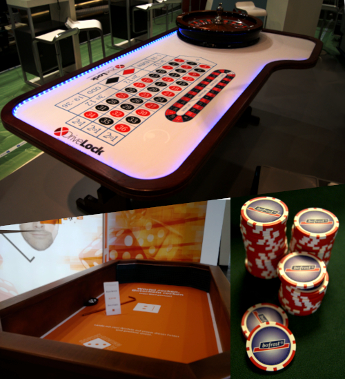 Eine Collage: Ein Roulette-Tisch mit einem weißen, maßgefertigtem Tuch und LED-Beleuchtung, der kleine Würfeltisch mit einem individuellen Druck und Spielchips mit dem Logo des Kunden.